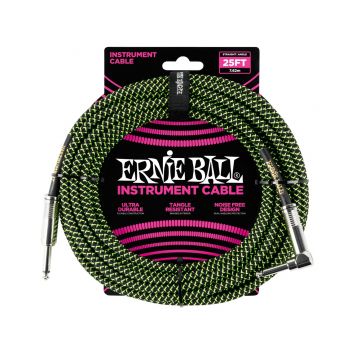 Preview of Ernie Ball 6066 25&#039; Braided Straight / Angle Instrument Cable - Black / Green