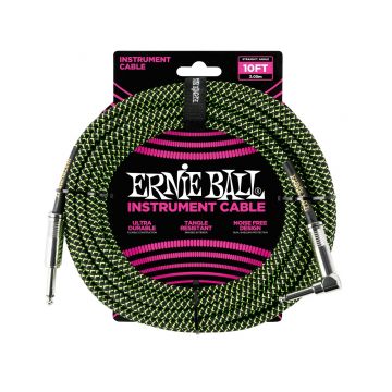 Preview of Ernie Ball 6077 10&#039; Braided Straight / Angle Instrument Cable - Black / Green